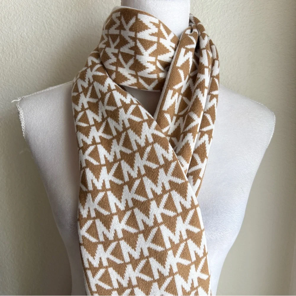 Michael Kors Bordered MK Logo Print Muffler Scarf in Camel Cream